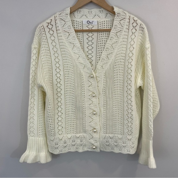 Oni Open Knit Cardigan Sweater Womens M Cream Crochet Grandma Pearl Buttons! EUC - Picture 13 of 14